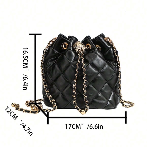 Luxe Vegan Leather Gold Tone Adjustable Chain Quilted Small Bucket Bag - Picture 9 of 11